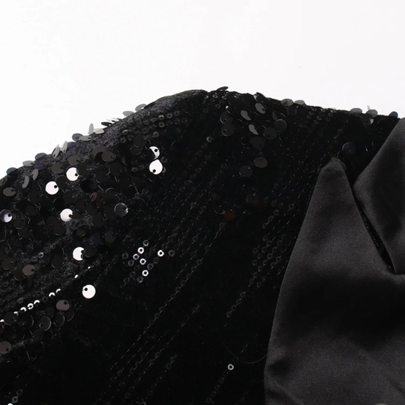 LUXURY SEQUIN SATIN VELVET FEATHER BUTTON CUFF BLAZER - Picture 5 of 9